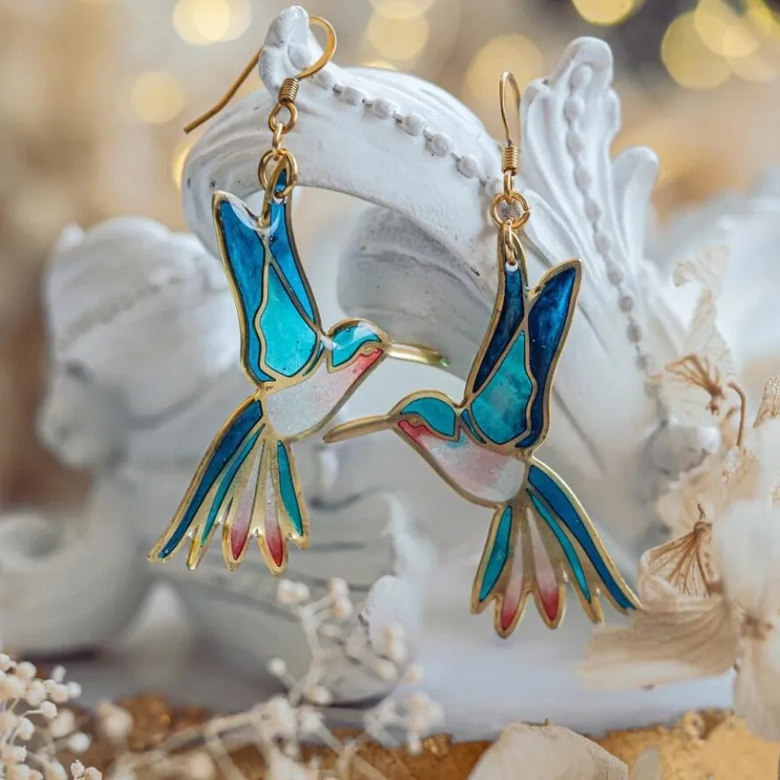 Graceful Hummingbird Blue Enamel Earrings