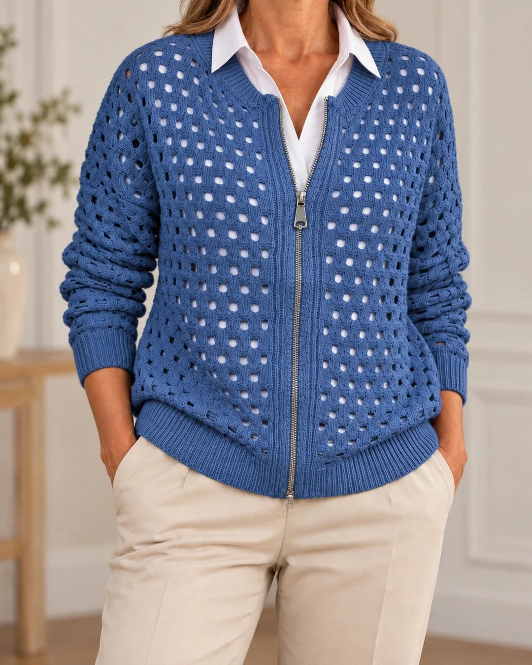 Constance | Cardigan zippé en maille ajourée