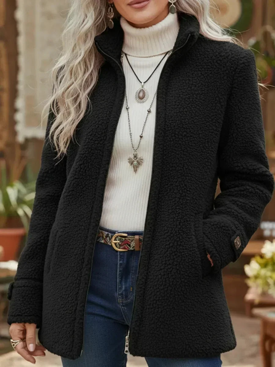 Solange | Veste à col montant douce effet laine d'agneau, zip intégral