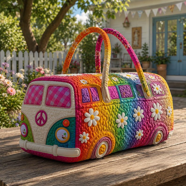 Cécile | Sac de voyage matelassé au van arc-en-ciel rétro