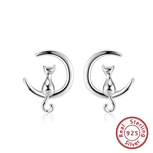 Moon & Cat Sterling Silver Stud Cat Earrings
