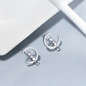 Moon & Cat Sterling Silver Stud Cat Earrings