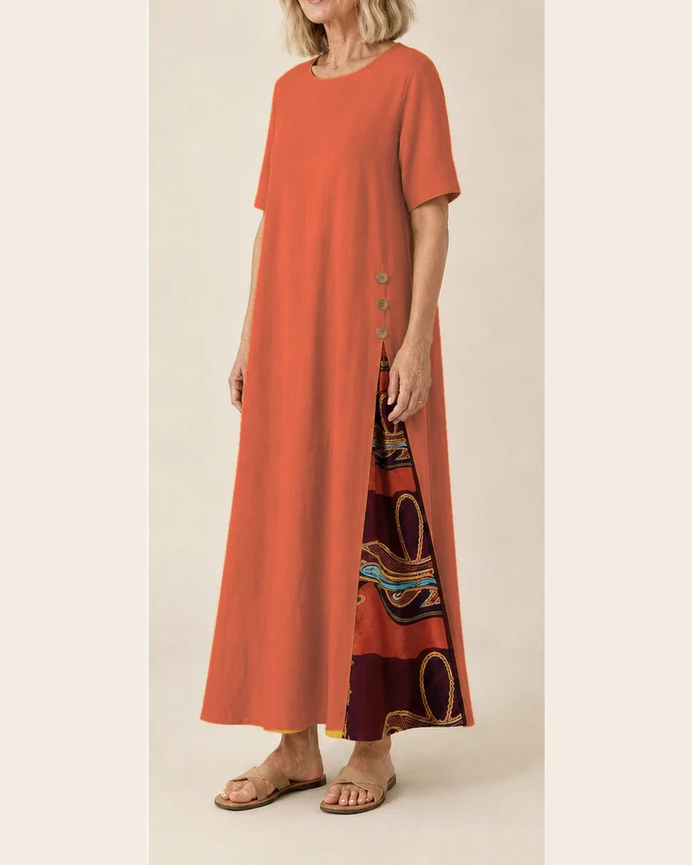 Maurene – Orange | Robe longue décontractée effet lin