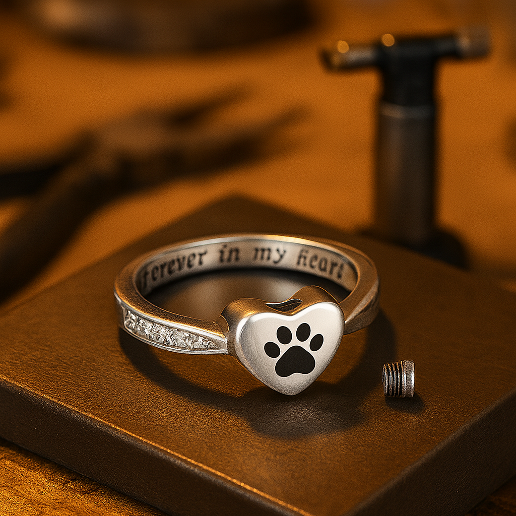 Bague urne avec empreinte de patte et cœur – Bijou funéraire pour animal de compagnie