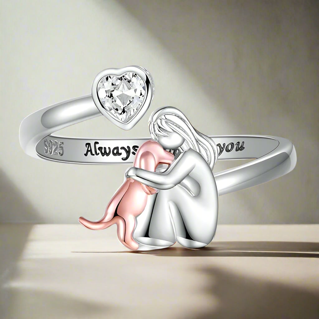 Adjustable Dog Ring in 925 Sterling Silver – “Always in My Heart” with Zirconia
